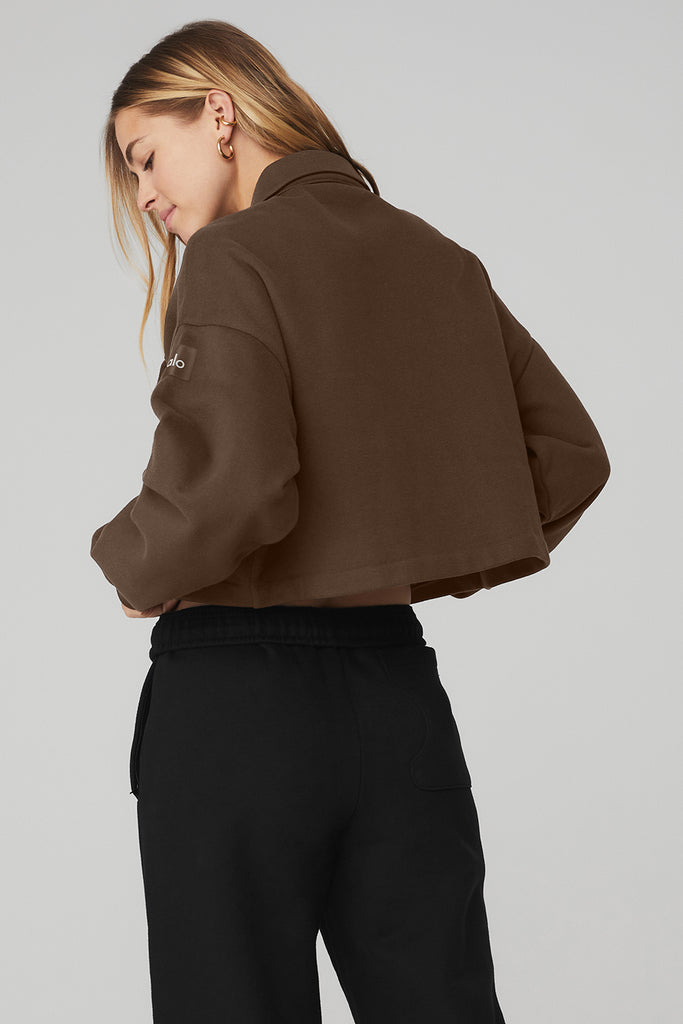 Renown Cropped Button-Up Pullover Top in Espresso by Alo Yoga