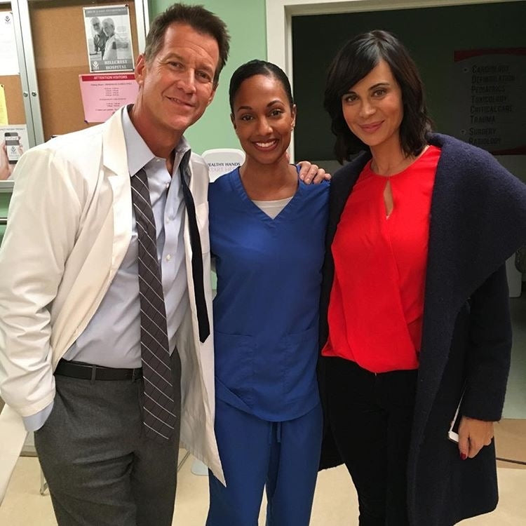 James Denton, JaNae Armogan and Catherine Bell on set of 'The Good Wife'
