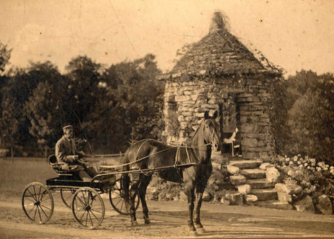 Carriage ride at stone summerhouse at Mohonk Mountain House, circa 1900