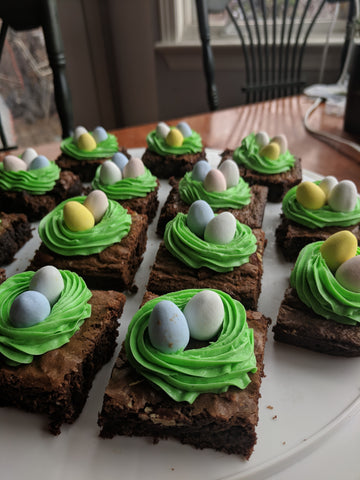 No dairy no flour easter brownies with vegan green icing nests and chocolate eggies 
