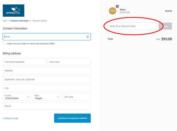 Checkout page screenshot showing token ID field