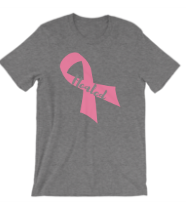 Grey  short sleeve unisex tee with words healed written in grey inside of a pink Breast Cancer Awareness ribbon graphic designed by Vertical Dominon