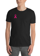 Black color double sided unisex t shirt with pink breast cancer awareness ribbon with option to customize back of t shirt with name 