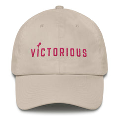 sandy light brown Breast Cancer Awareness Dad Cap with words Victorious in Pink 