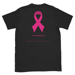 Black Short sleeve Unisex Shirt with Pink Breast Cancer Awareness Pin that can be customized with a persons name or graphic from Vertical Dominion Apparel Company 