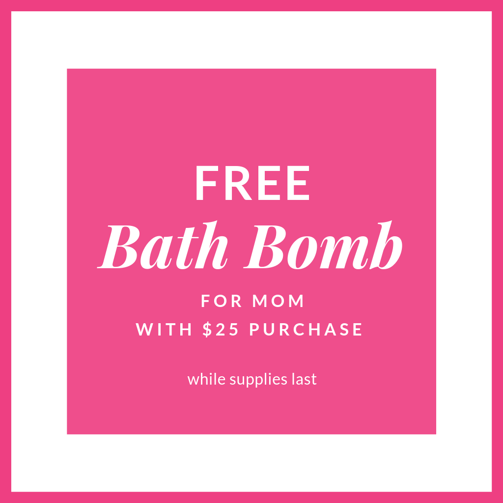 Free bath bomb for mom with minimum of 25 dollar purchase while supplies last at sew cute by katie
