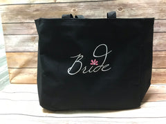 Black tote with fun Bride Monogram with pink crown over letter i available at sew cute by katie