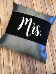 Black pillow wrap with white vinyl lettering Mrs perfect for newlyweds available at sew cute by katie