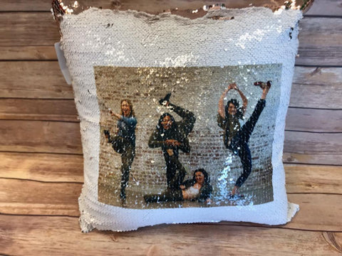 Sequin Mermaid Pillow in White and Gold with Custom Photo available at Sew Cute by Katie