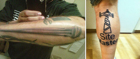 Rigger bull pin arm tattoo and tower climber calf tattoo