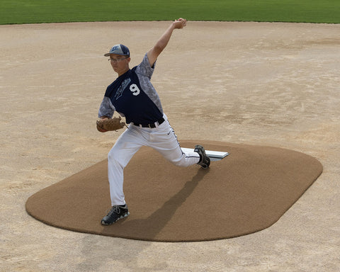 pitch pro model 8121 clay game pitching mound with pitcher delivering pitch