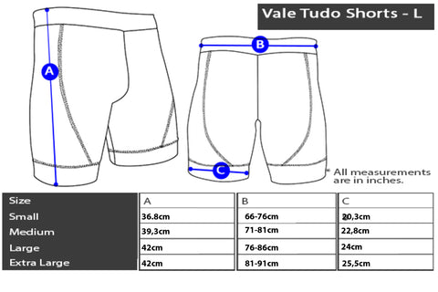 størrelsesguide for mma vale tudo shorts fra combat corner norge