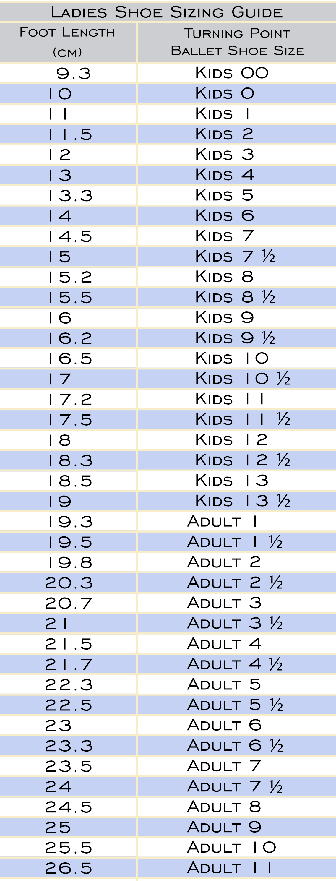 Size Guide - Ballet Shoes