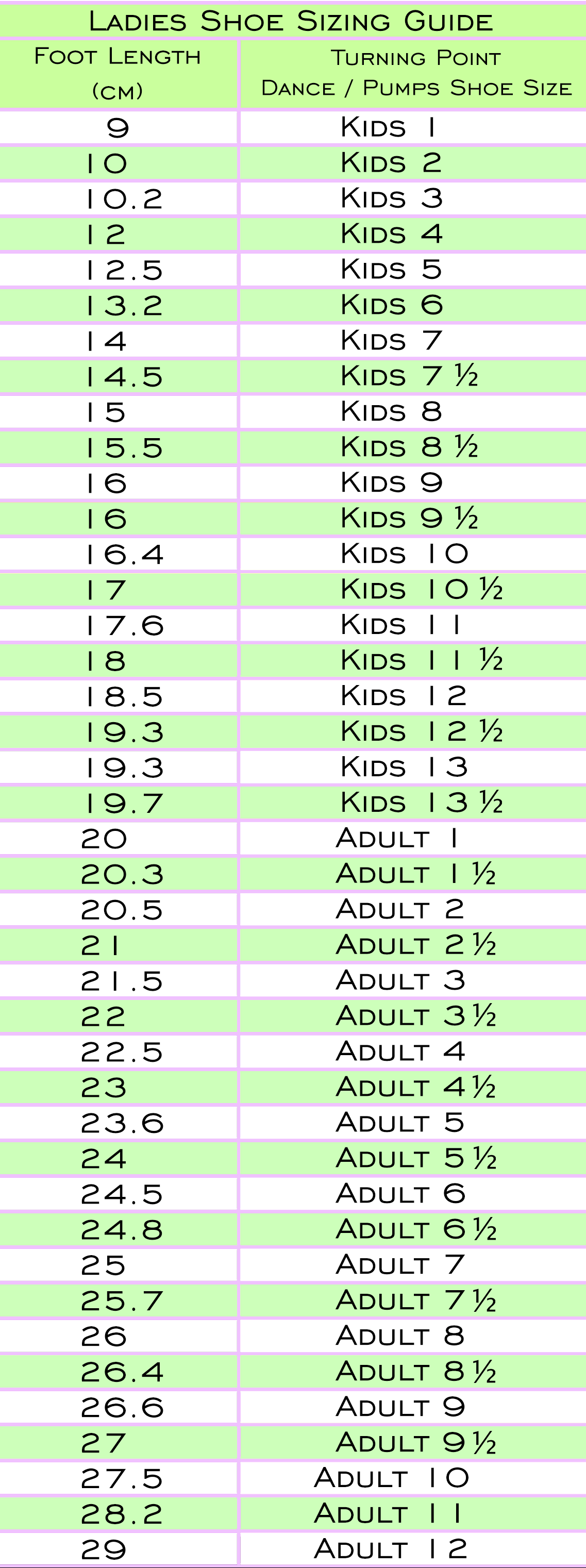 Size Guide - Dance and Pump Shoes