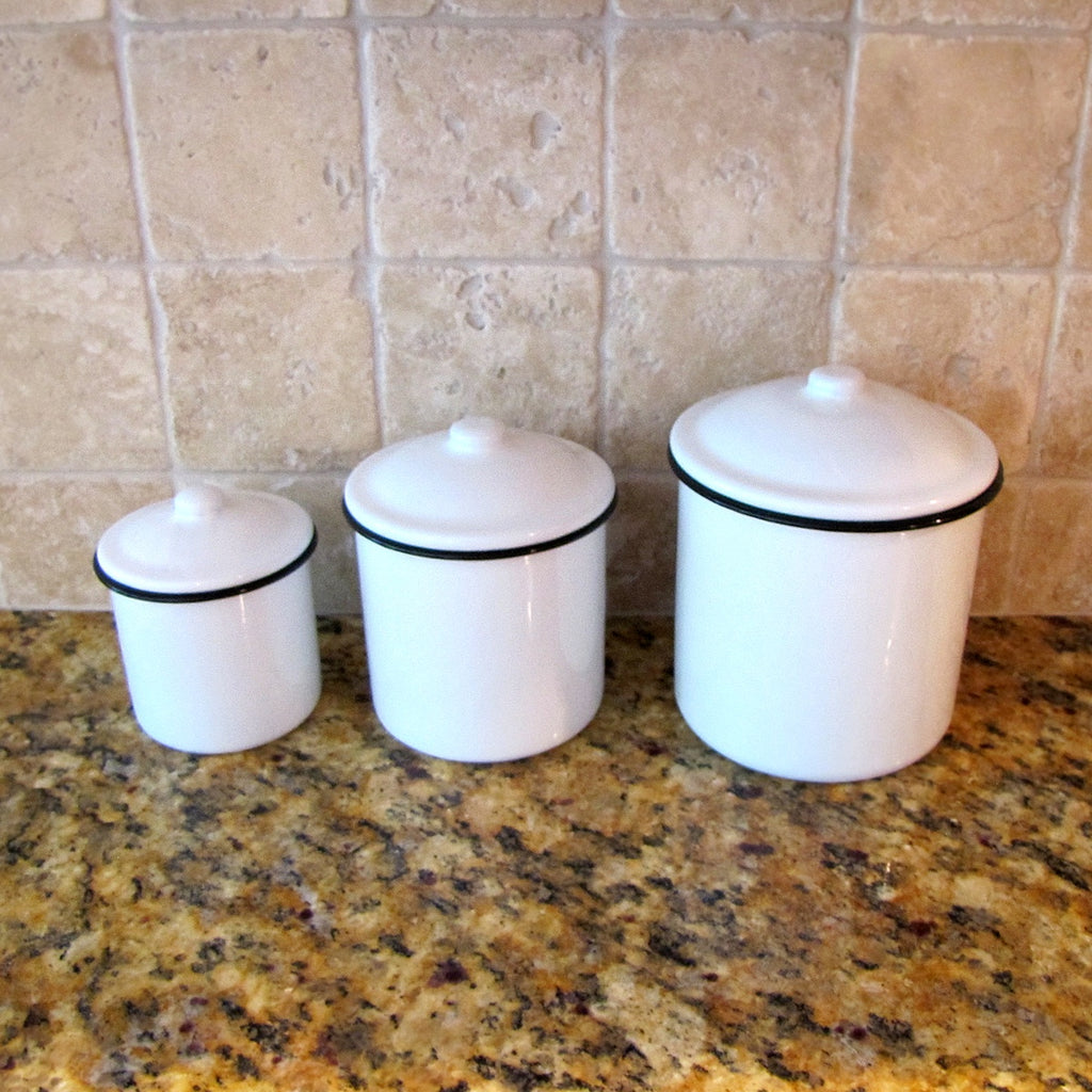 Rustic White Enamel Kitchen Canister Set Vintage Countertop Food