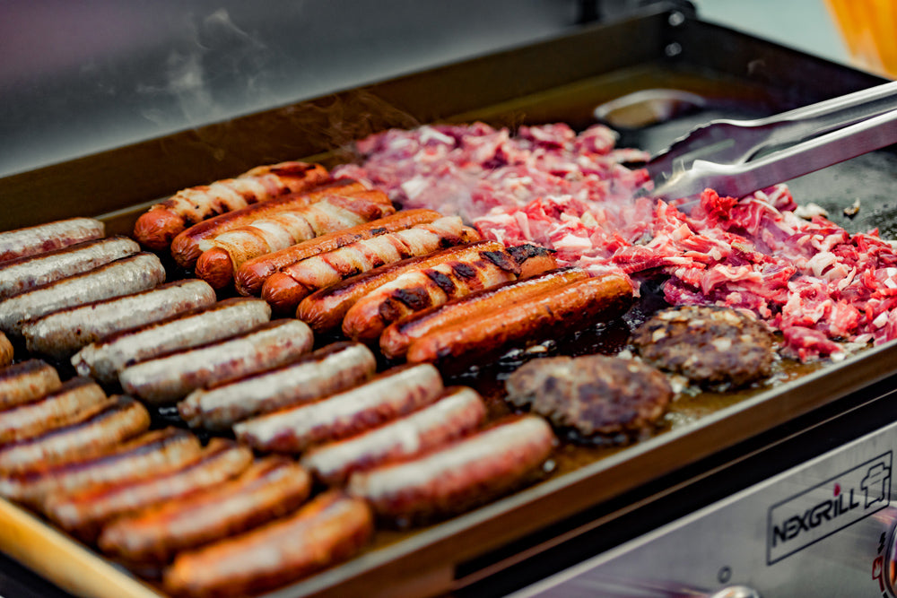 griddle covered in meat