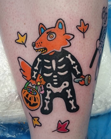 skeleton fox trick or treat halloween tattoo