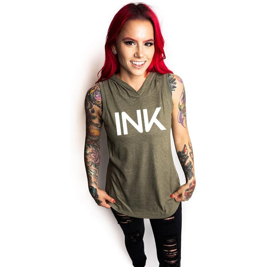 INK Women's Military Green Sleeveless Hoodie Tee