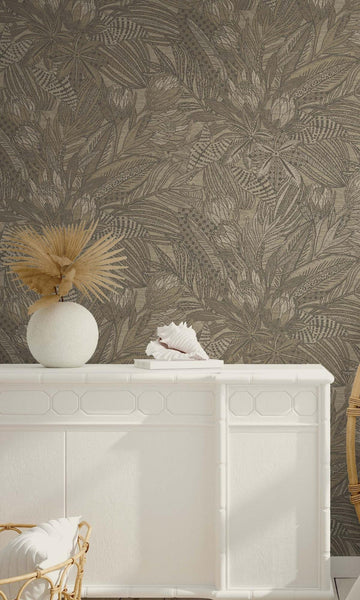 Beige Bold Leaves and Protea Flowers Tropical Wallpaper R7685 – Walls