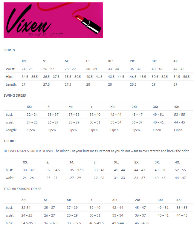 Vixen by Micheline Pitt size chart