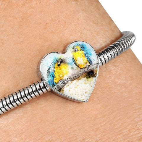 Blue And Yellow Macaw Parrot Art Print Heart Charm Steel Bracelet-Free Shipping