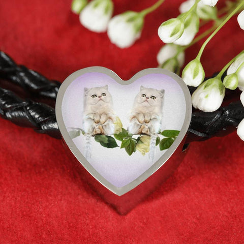White Persian Cat Print Heart Charm Leather Bracelet-Free Shipping