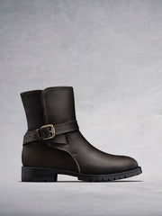 Winfell Brown Leather - Biker-style ankle boots with shearling lining.