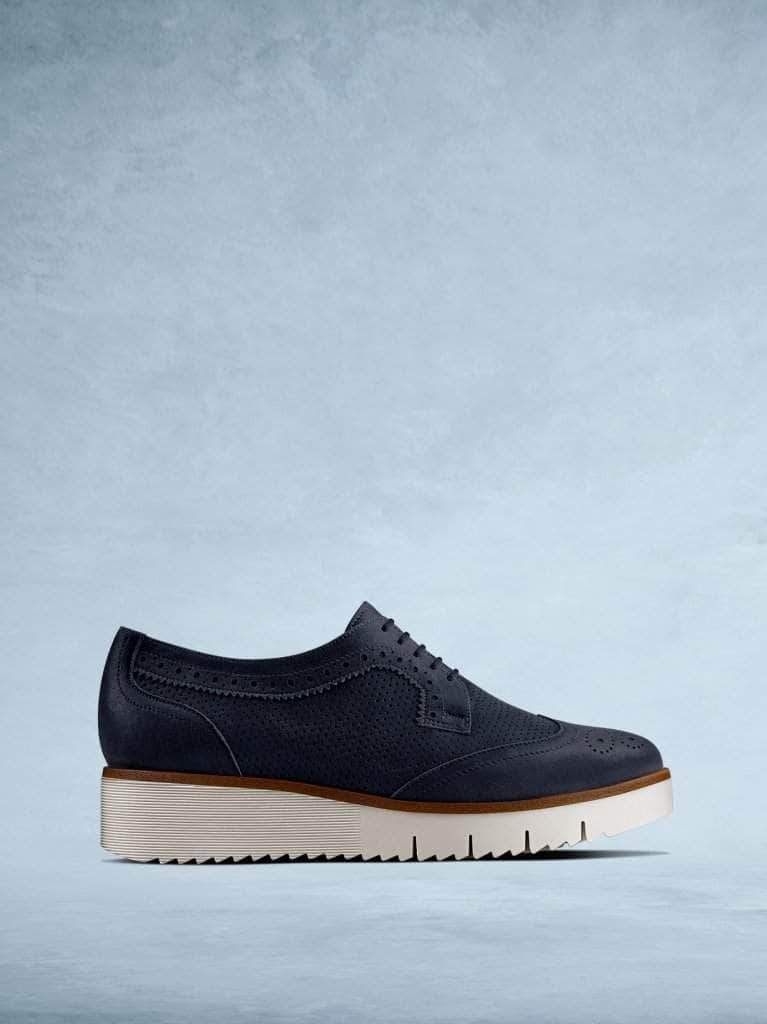 Helston - our metallic navy leather platform trainer with brogue detailing.