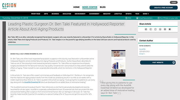 Leading Plastic Surgeon Dr. Ben Talei Featured in Hollywood Reporter Article About Anti-Aging Products