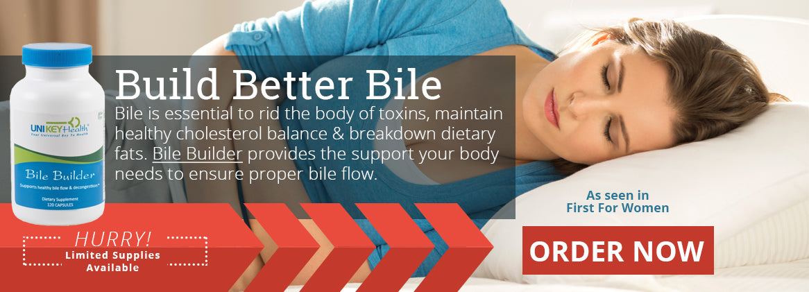 text in image: Build Better Bile. Bile is essential to rid the body of toxins, maintain healthy cholesterol balance and breakdown dietary fats. Bile Builder provides the support your body needs to ensure proper bile flow. As seen in First for Women