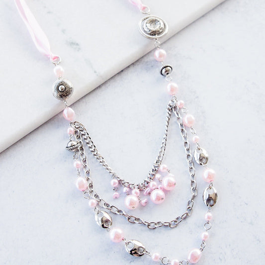 All The Trimmings - Pink Pearl Ribbon Necklace - Bling by Danielle Baker