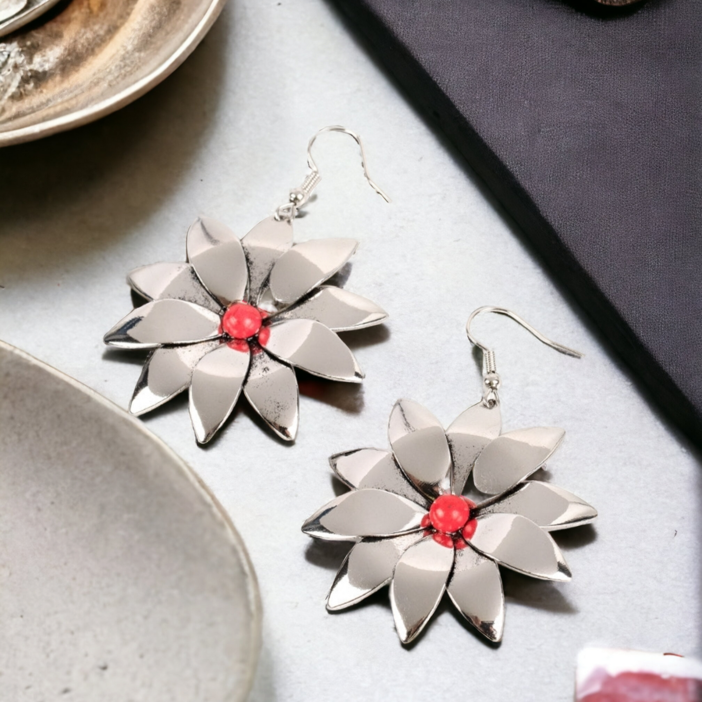 Pinwheel Prairies - Red Flower Earrings - rainbowartsreview by Danielle Baker