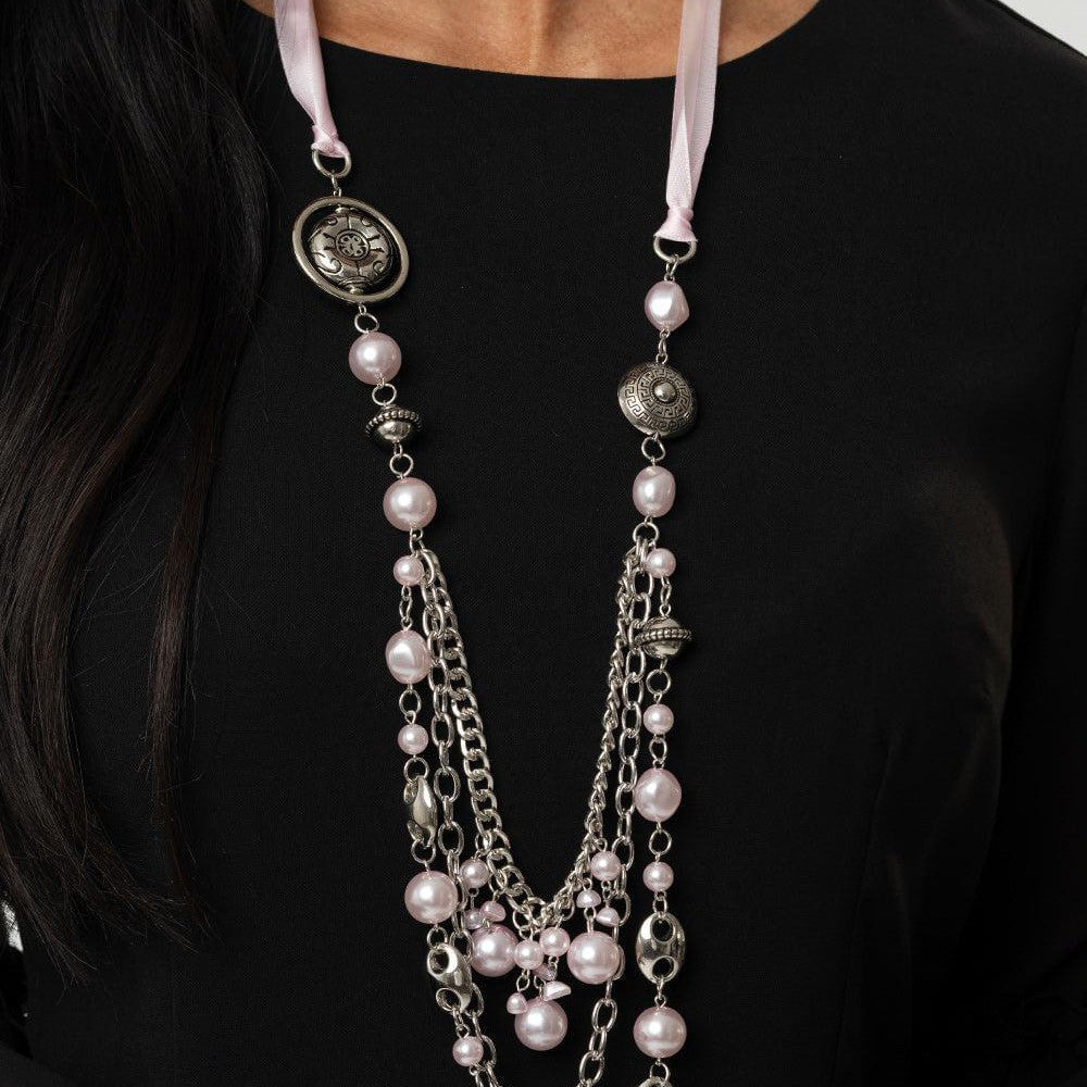 All The Trimmings - Pink Pearl Ribbon Necklace - Bling by Danielle Baker