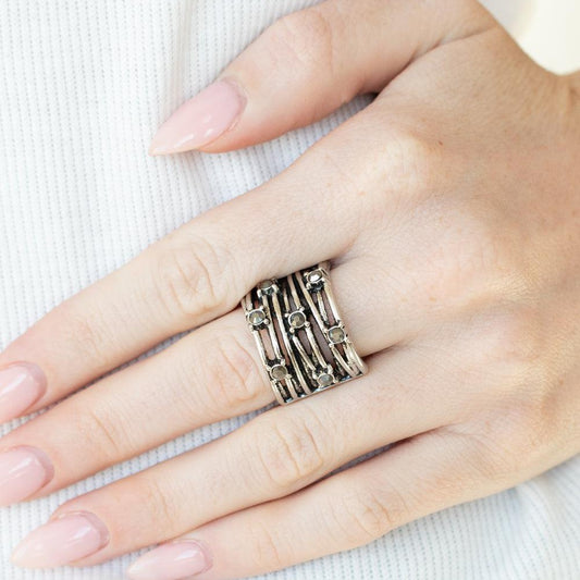 Revved Up Radiance - Silver Hematite Rhinestone Ring - A Large Selection Hand-Chains And Jewelry On rainbowartsreview,Women's Jewelry | Necklaces, Earrings, Bracelets
