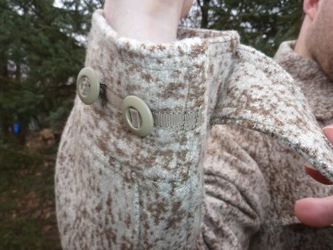 WeatherWool All Around Jacket in Lynx Pattern Closeup of Cuff and Slot Buttons