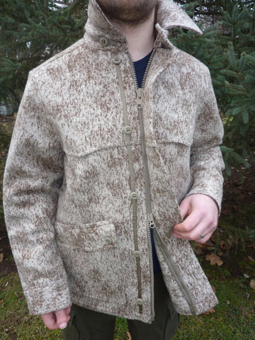 WeatherWool All Around Jacket in Lynx Pattern showing Front Double Zipper and Storm Flap and Slot Buttons