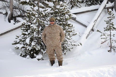WeatherWool Advisor Heath Gunns in Winter, wearing Lynx Pattern