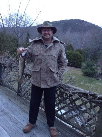 WeatherWool Advisor Mike Dean with All Around Jacket in Lynx Pattern and Rainbow Trout in Northern Maine