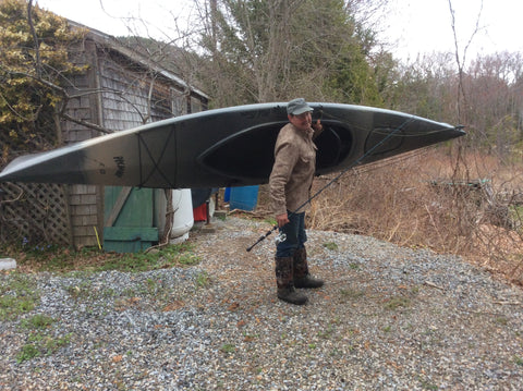 WeatherWool Advisor Mike Dean in ShirtJac in Maine with Kayak and Fishing Pole