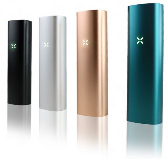 A black PAX 3, silver PAX 3, rose gold PAX 3, and blue PAX 3 lined up