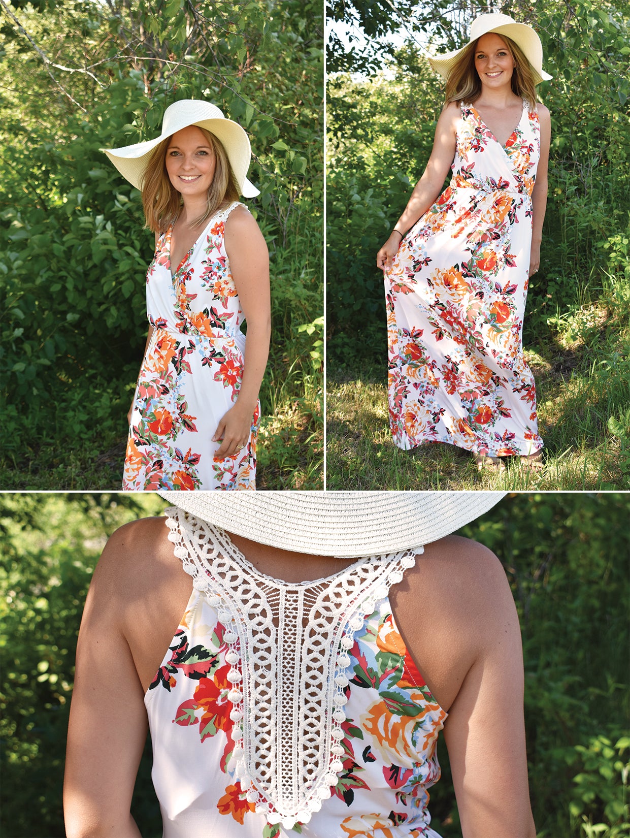 White & Coral Floral Boho Maxi Dress w/ Crochet Back Detail