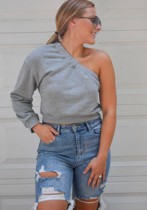 One Shoulder Sweatshirt- Grey