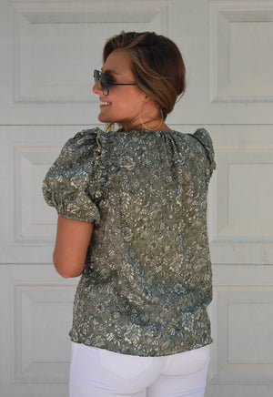 Olive Floral Puff Sleeve Top