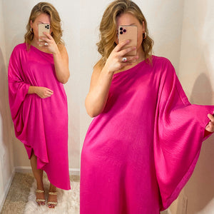 Asymmetrical One Shoulder Dress- Fuchsia