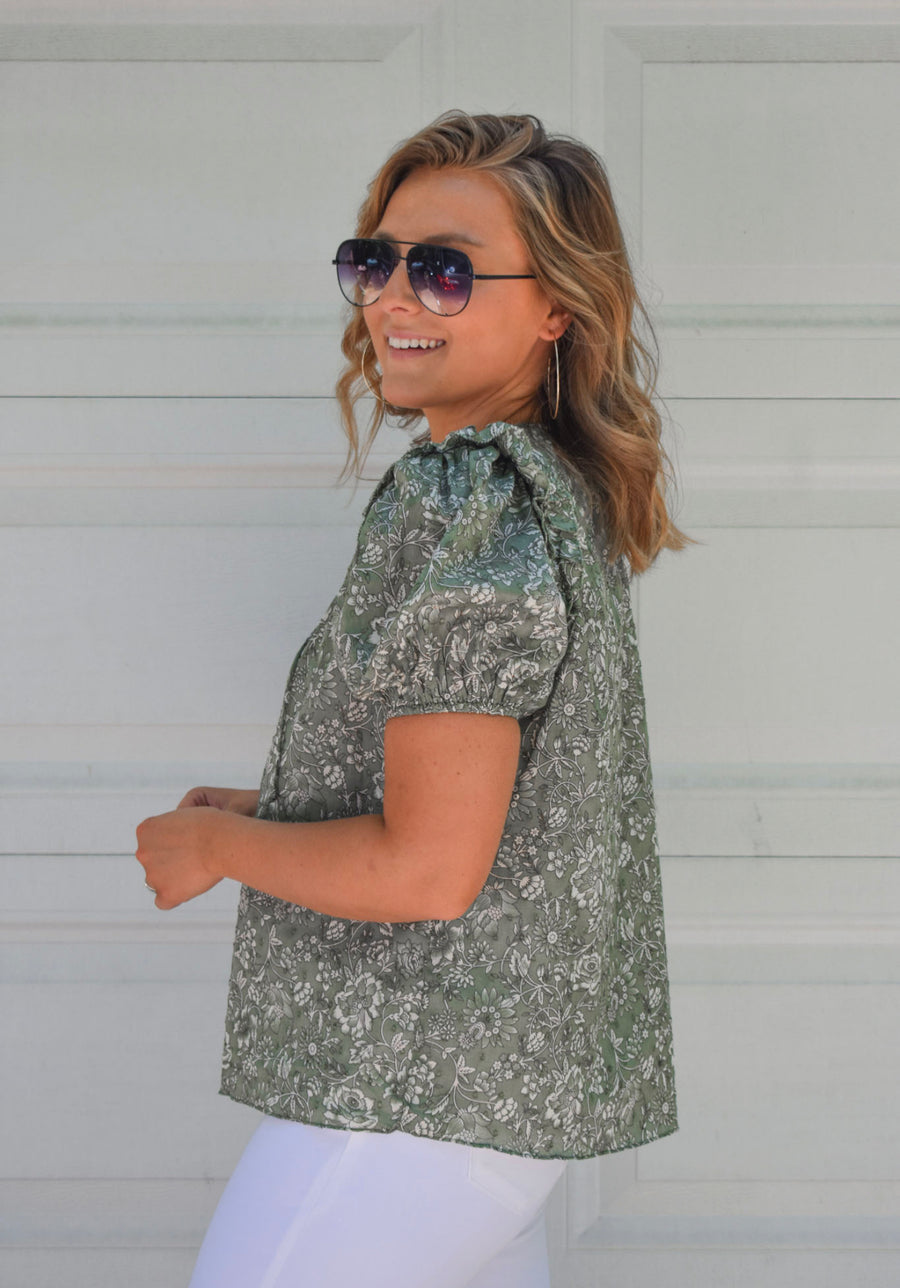 Olive Floral Puff Sleeve Top