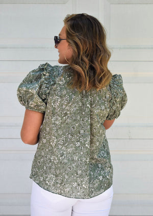 Olive Floral Puff Sleeve Top