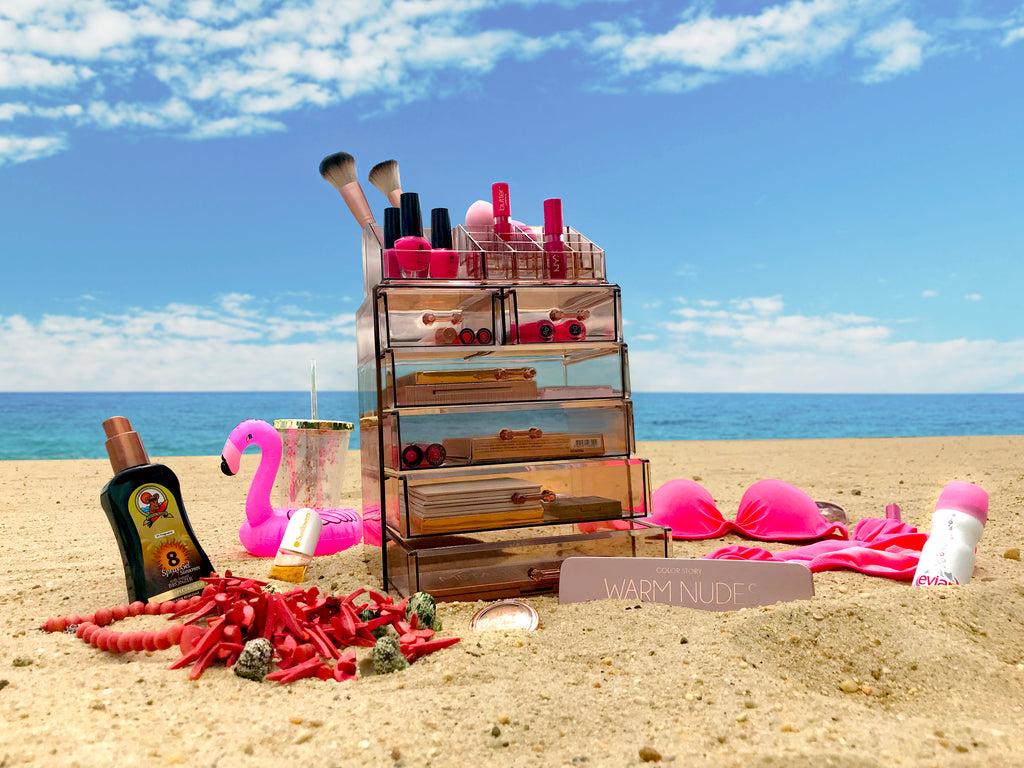 Sorbus Beauty Medium 6 Drawer Case in Bronze Glow on the beach with makeup and accessories