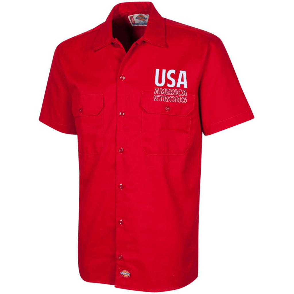 America Strong. White/Red. Dickies Men's Short Sleeve Workshirt. (Embroidered)-4