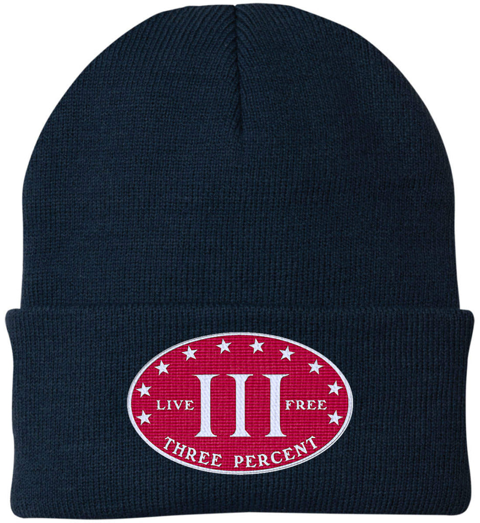 Three Percenter. Live Free. Hat. Port Authority Knit Cap. (Embroidered)-5