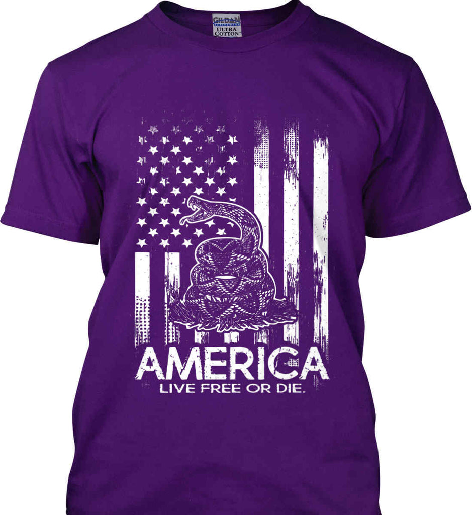 America. Live Free or Die. Don't Tread on Me. White Print. Gildan Ultra Cotton T-Shirt.-6